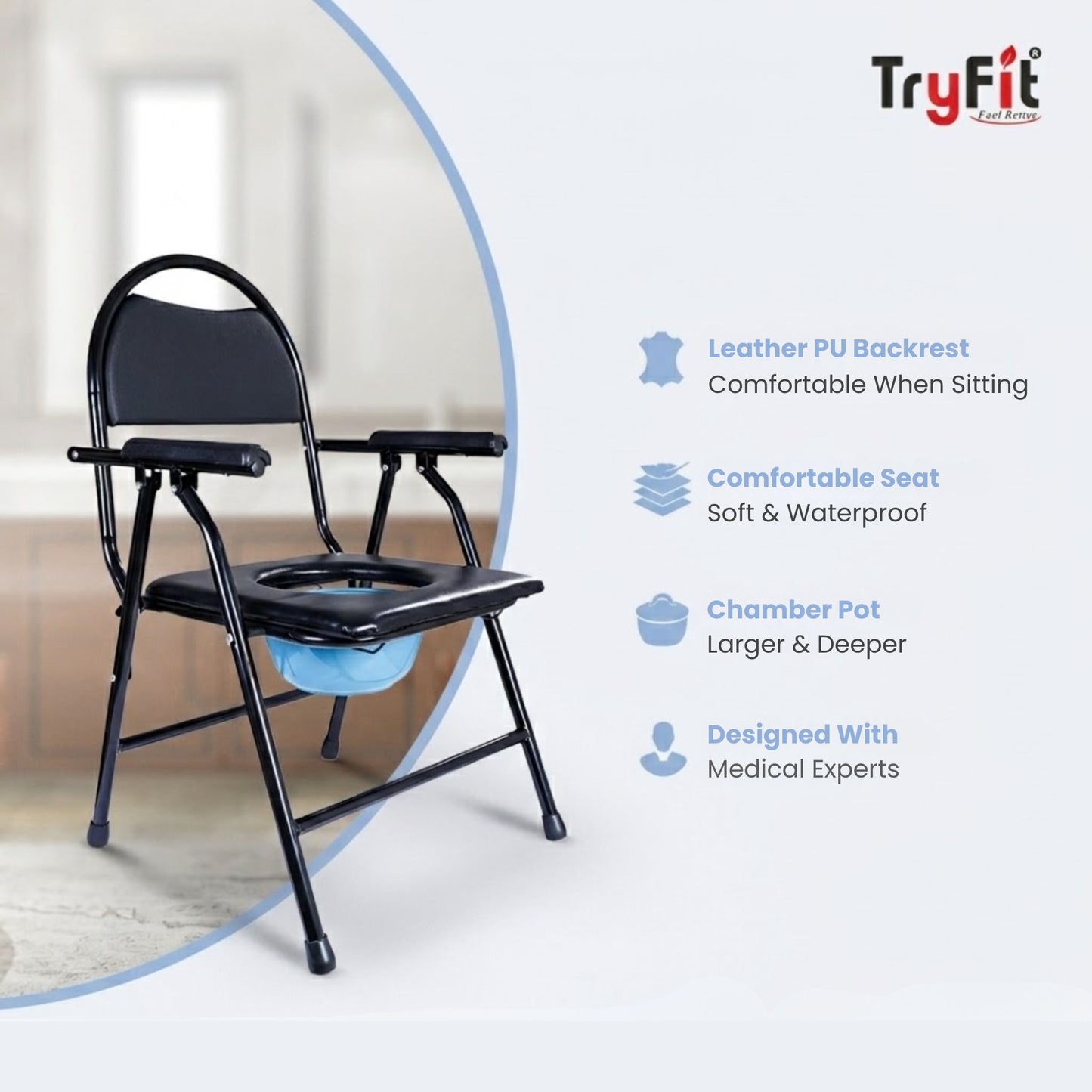 Tryfit Commode Chair With Armrest & Cushion Back Support 4-in-1